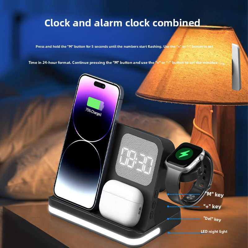 ⚡ Cargador Inalámbrico 7 en 1 con Reloj Despertador LED – Apple, Samsung & Huawei