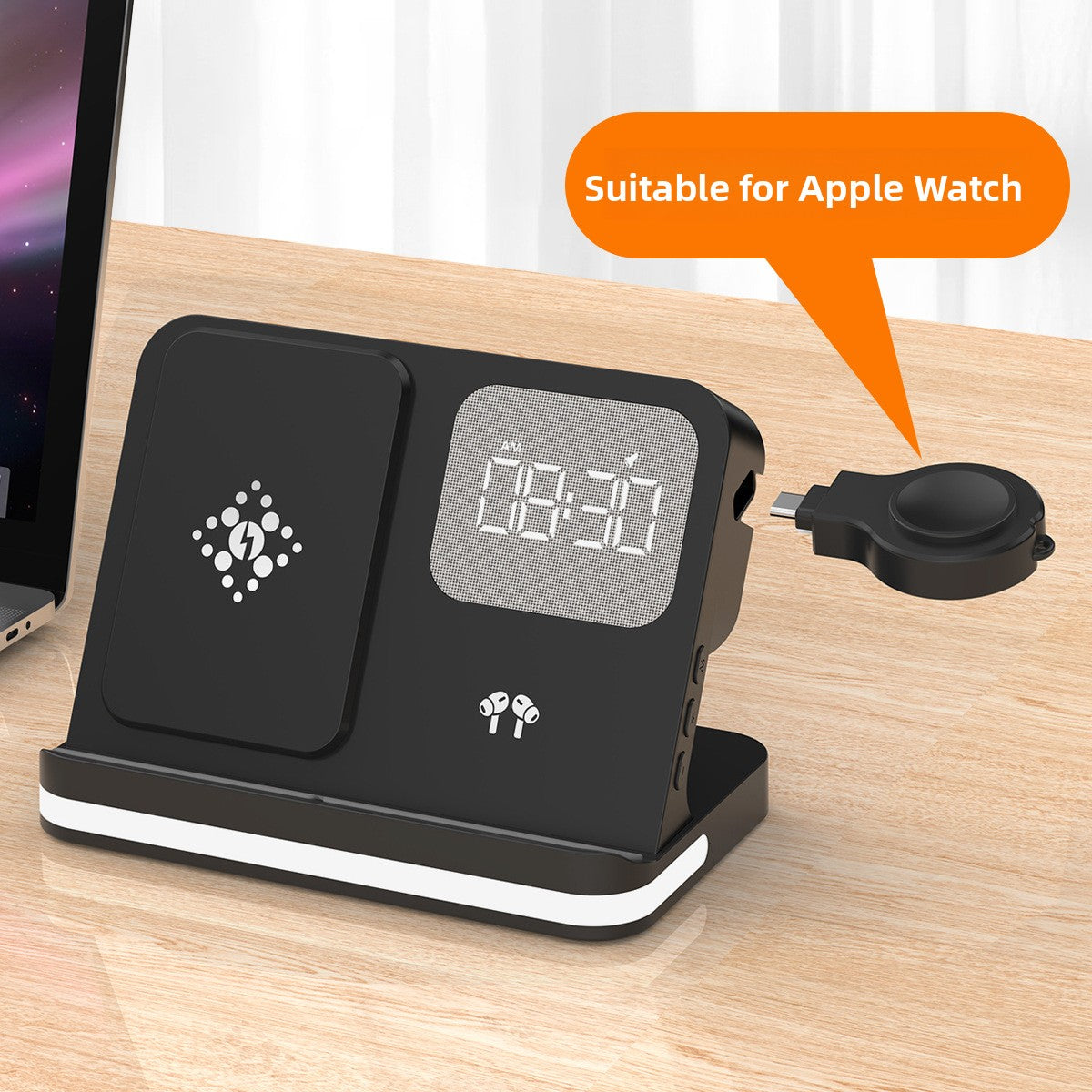 ⚡ Cargador Inalámbrico 7 en 1 con Reloj Despertador LED – Apple, Samsung & Huawei